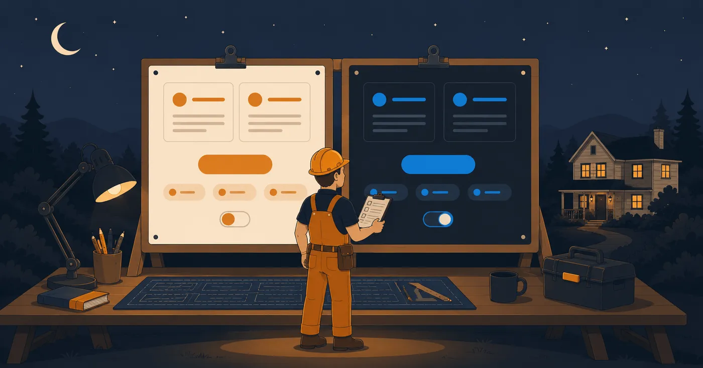 Night workbench lit by a desk lamp with two proof boards clipped side by side, each showing the same set of interface pieces: cards, a pill button, tag chips, and a toggle. The left board is cream with orange elements, the right is dark navy with blue ones. A builder in orange overalls and a hard hat stands between them holding a clipboard, with a warmly lit house in the distance.