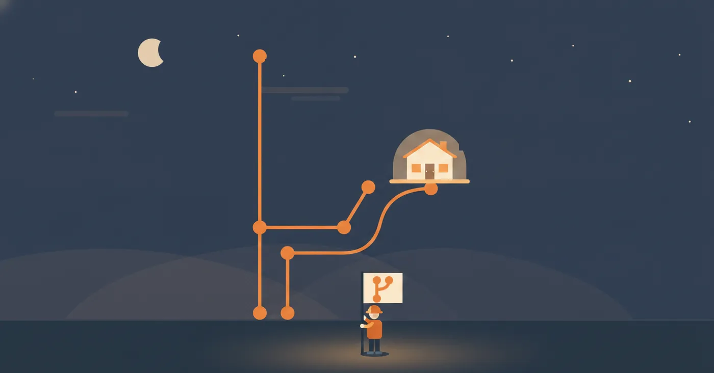 Flat night scene of a git commit graph where a side branch lifts the old site, drawn as a small house under a protective dome, safely above the ground while a hard-hat builder plants a branch flag below.
