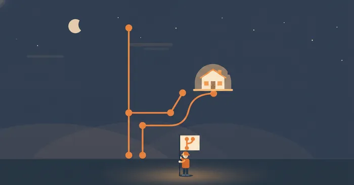 Flat night scene of a git commit graph where a side branch lifts the old site, drawn as a small house under a protective dome, safely above the ground while a hard-hat builder plants a branch flag below.