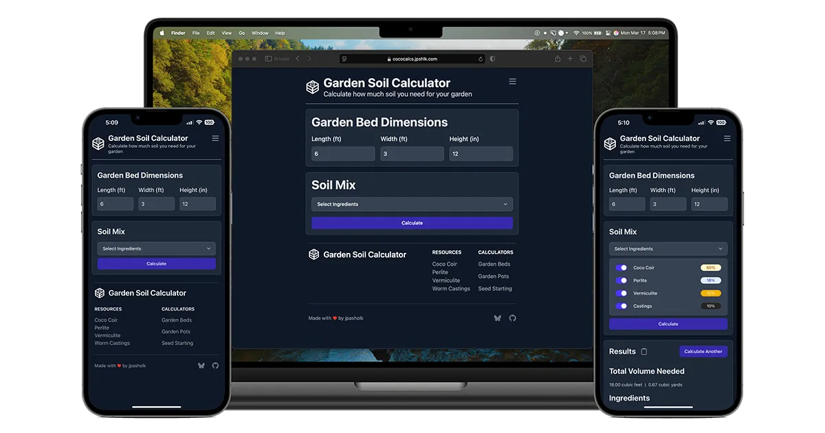 The CocoCalcs garden soil calculator in dark mode on a MacBook and two iPhones.