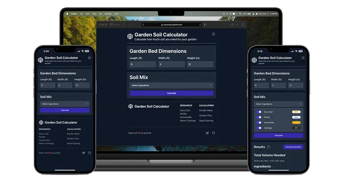 The CocoCalcs garden soil calculator in dark mode on a MacBook and two iPhones.