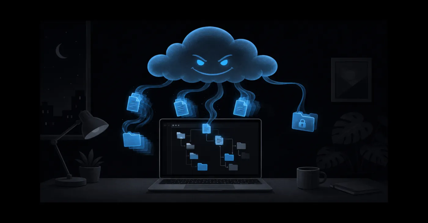 Dark illustration of a grinning cloud with glowing eyes looming over a laptop at night, its tendrils lifting ghostly duplicate files out of the file tree on the screen while one tendril dangles a padlocked folder.