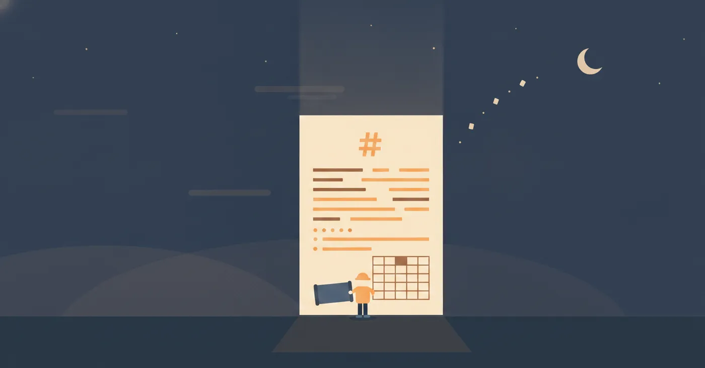 Flat night scene of a small builder writing on a giant document marked with a hash heading, text bars, a bulleted list, and a table grid.