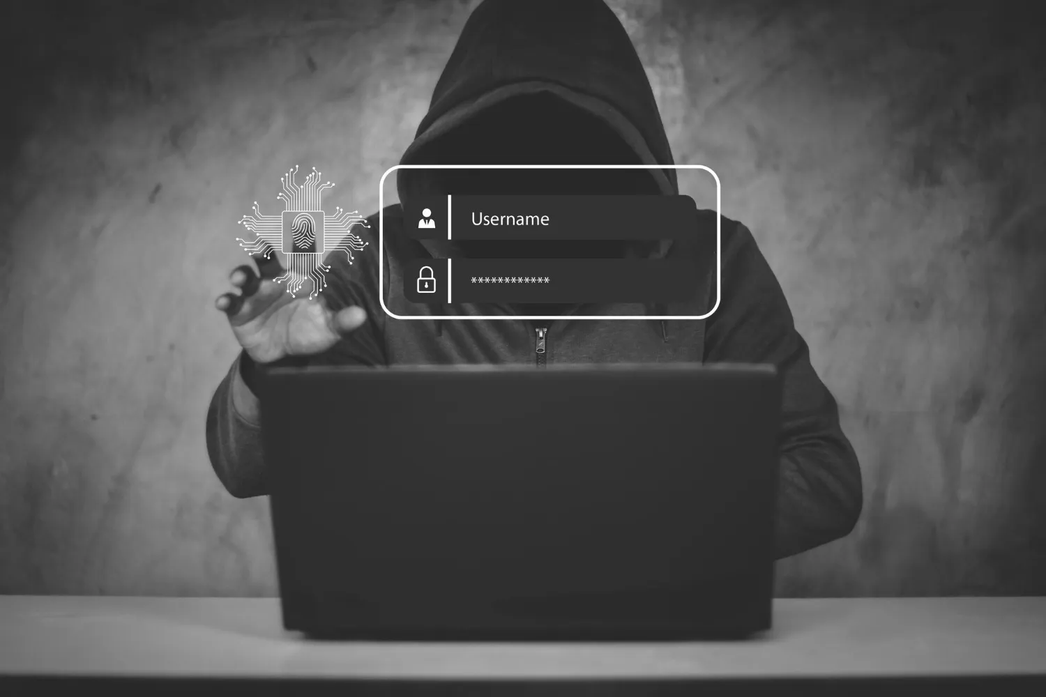 Hacker in a hoodie with login overlay