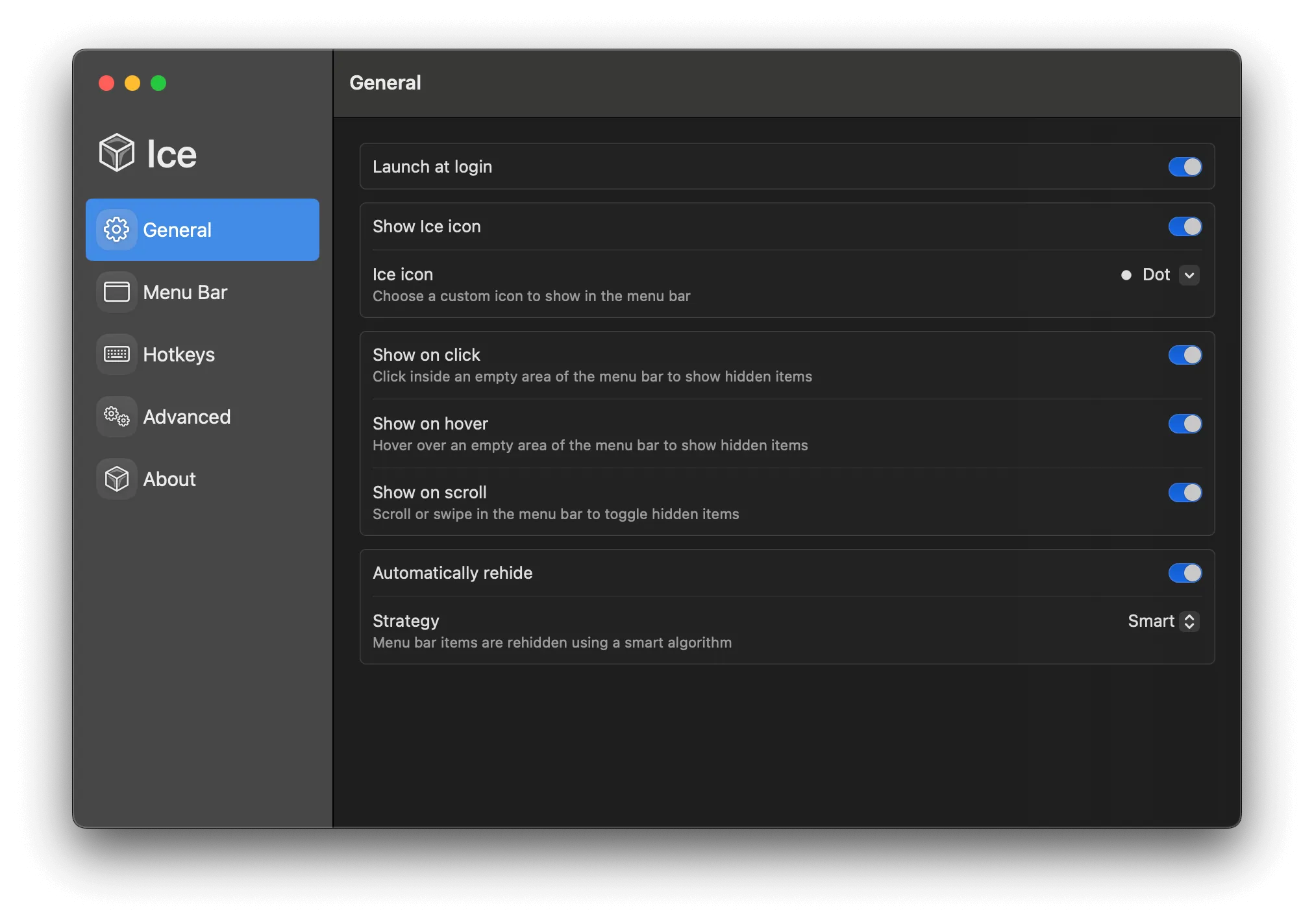 Ice General Settings Screenshot