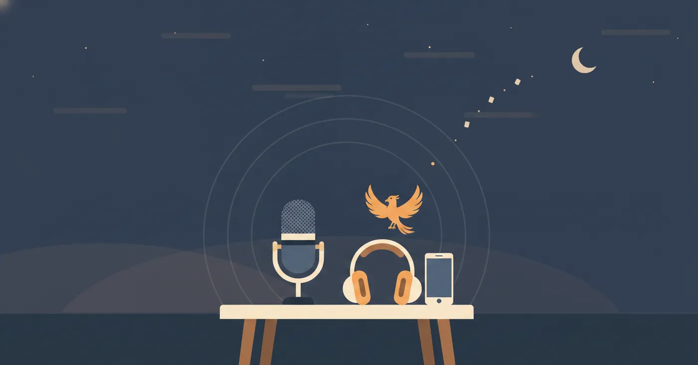 Flat night scene of a podcast desk with a microphone, headphones, and a phone, while an orange phoenix rises above them.