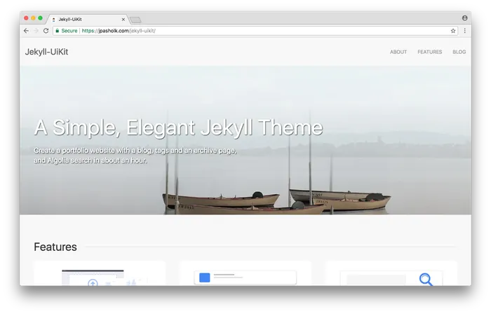 The Jekyll UiKit theme homepage in a browser, with a hero reading "A Simple, Elegant Jekyll Theme" over a misty lake with wooden boats.
