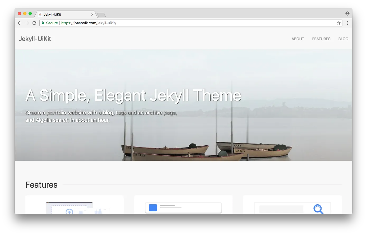 The Jekyll UiKit theme homepage in a browser, with a hero reading "A Simple, Elegant Jekyll Theme" over a misty lake with wooden boats.