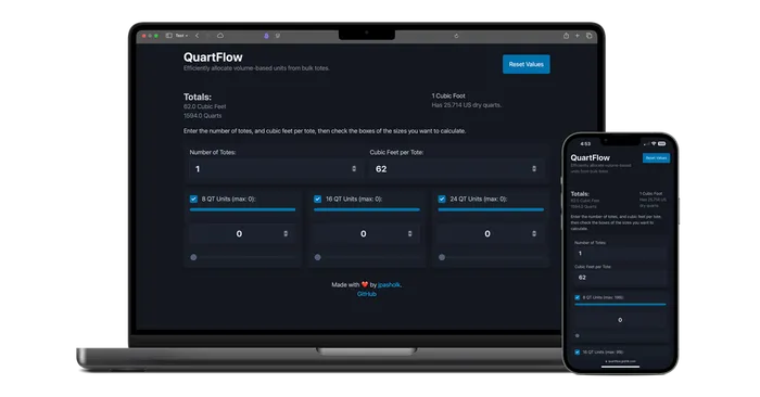 The QuartFlow tote allocation tool in dark mode on a MacBook and an iPhone.