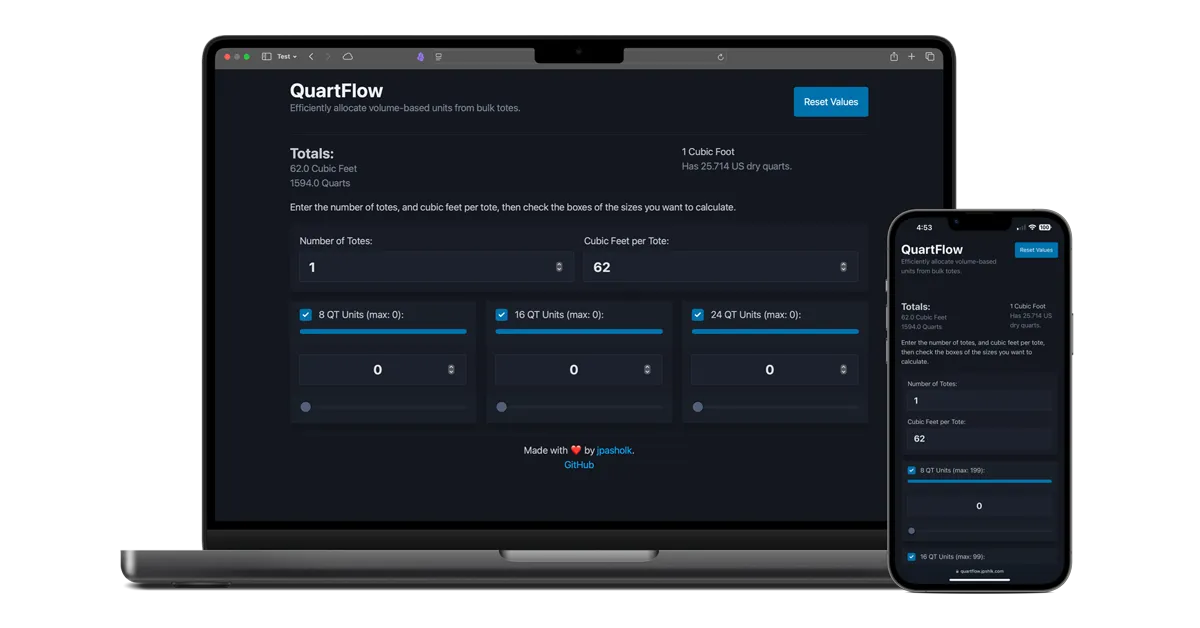 The QuartFlow tote allocation tool in dark mode on a MacBook and an iPhone.
