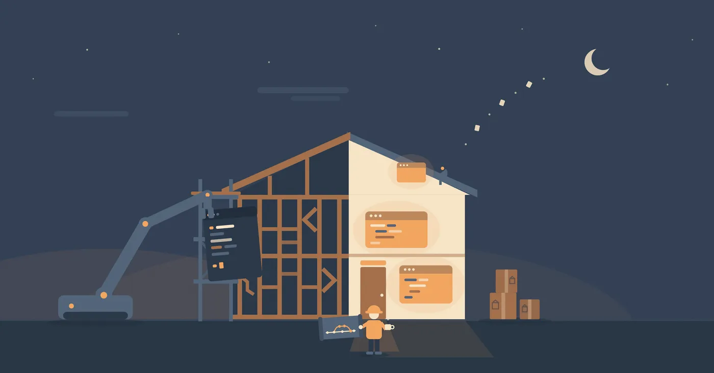 Illustration of a house being rebuilt at night: a crane lowers dark code panels into the wooden framing on one side while the finished side glows with browser windows, and a small builder with a blueprint and coffee stands by the front door.