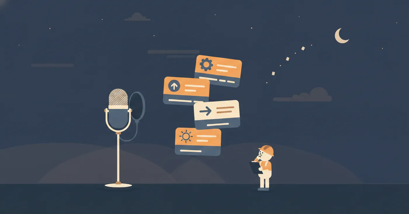 Flat night scene of a podcast microphone beside floating Shortcuts style app tiles, with a small character taking review notes on a clipboard.