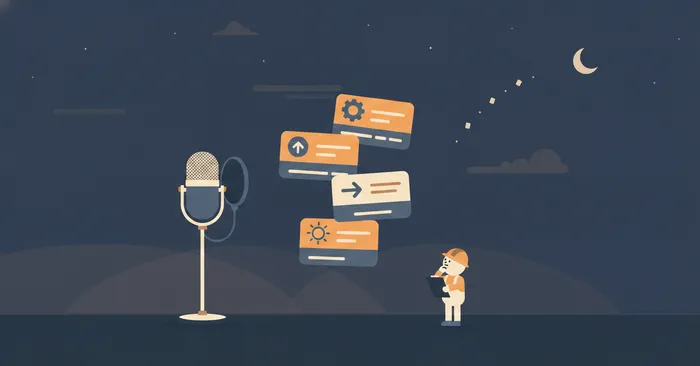 Flat night scene of a podcast microphone beside floating Shortcuts style app tiles, with a small character taking review notes on a clipboard.