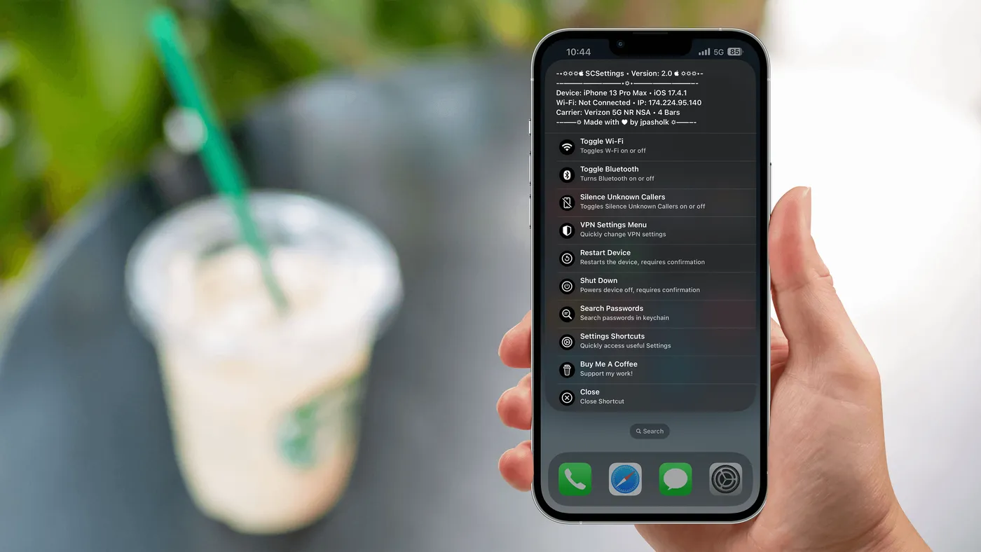 A hand holding an iPhone that shows the SCSettings shortcut menu of system toggles, with a blurred iced coffee in the background.