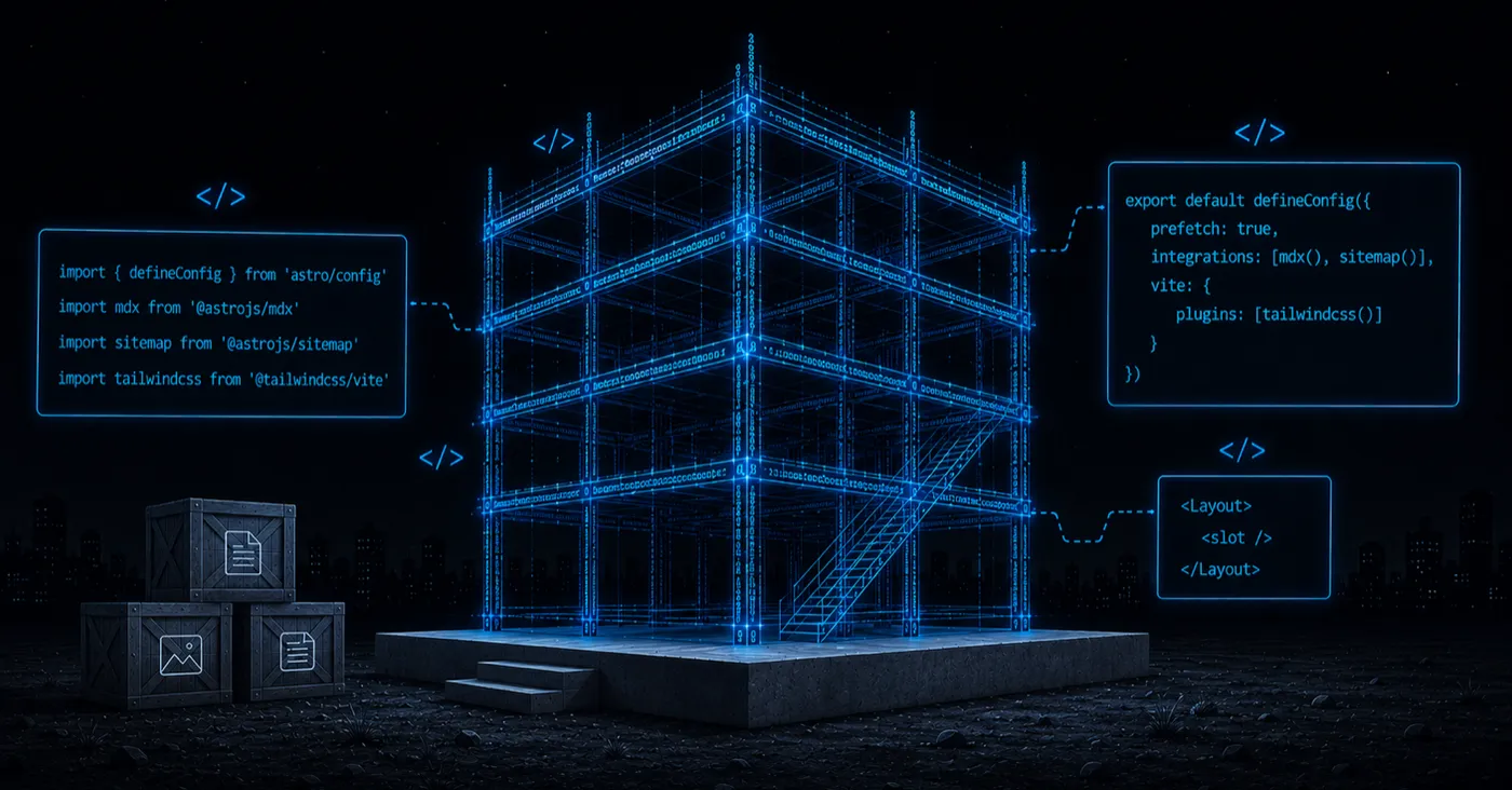 Dark blueprint-style illustration of a multi-story building rising from a clean foundation at night, its scaffold drawn in glowing blue code, with floating panels of Astro config code and stacked crates of preserved content beside it.