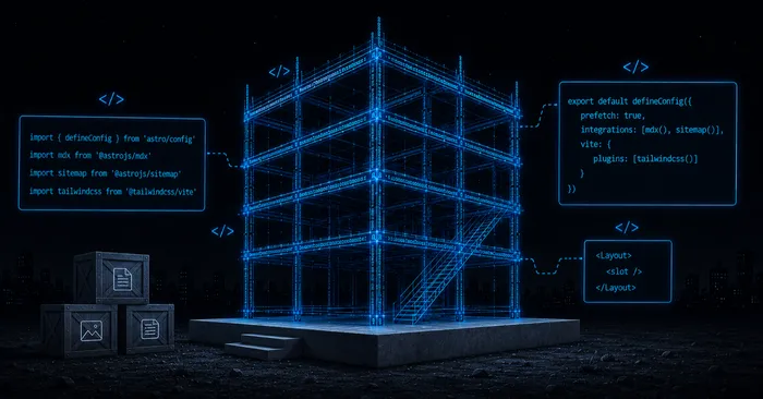 Dark blueprint-style illustration of a multi-story building rising from a clean foundation at night, its scaffold drawn in glowing blue code, with floating panels of Astro config code and stacked crates of preserved content beside it.