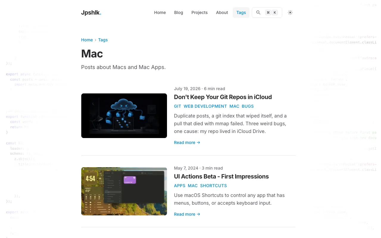 The Mac tag page opening with the heading Mac and the sentence Posts about Macs and Mac Apps, above the list of tagged posts with their cards.