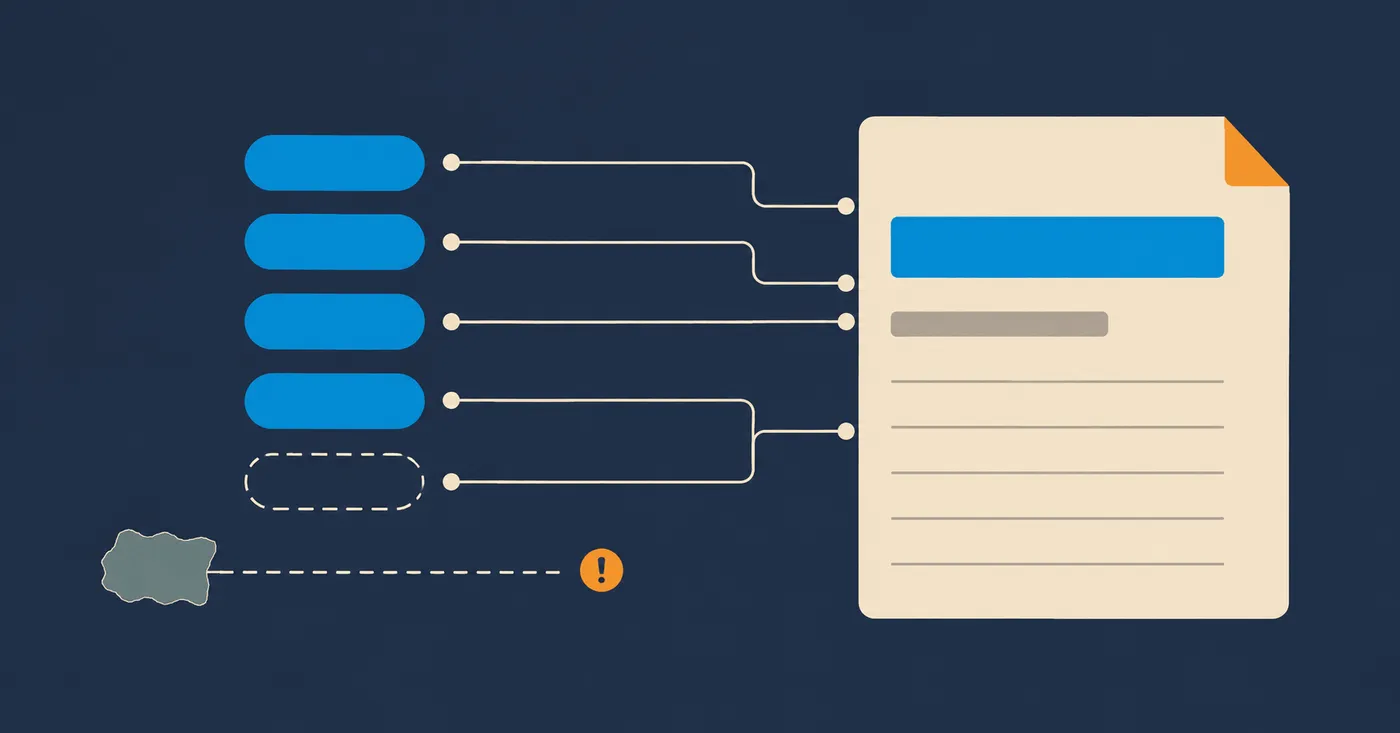 A flat diagram on a dark navy background where a column of four blue tag pills and one empty dashed pill outline connect by thin cream lines to a large cream file panel with a blue title bar, a grey description bar, ruled body lines, and an orange folded corner, while a crumpled grey scrap in the lower left sits outside the system, its dashed line ending at an orange warning dot.
