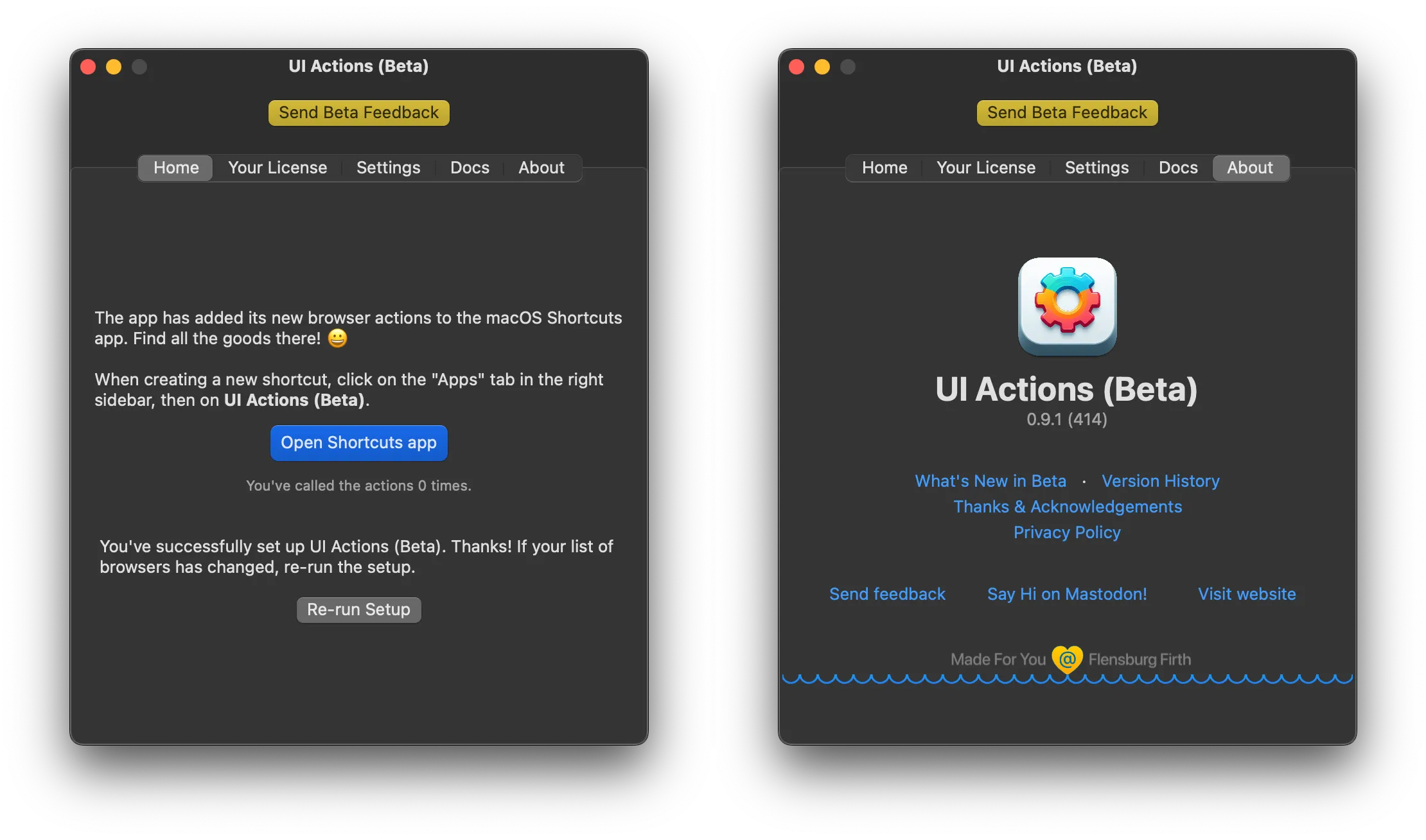 Screenshots of UI Actions Beta after setting it up.